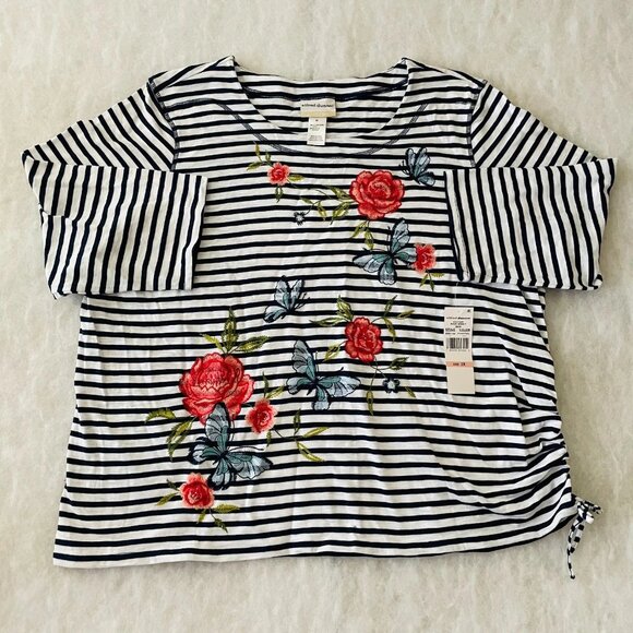 NWT Alfred Dunner Womens White & Navy Striped Floral Embroidered Top Size 2X - Picture 1 of 10